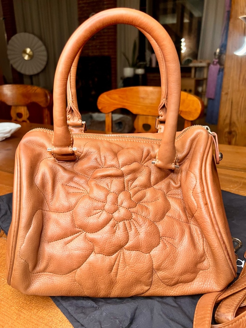 Vintage Anne Klein Leather Floral-Quilt Satchel in Tan